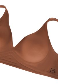 Bra marrone senza cuciture con coppe moldabili e spalline sottili. Tessuto morbido con una texture liscia. Presenta il logo del marchio sul lato sinistro.