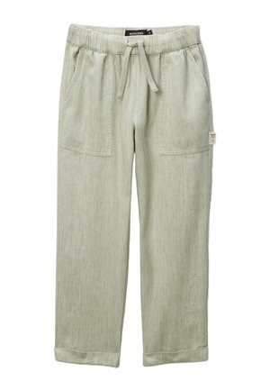 Pantalon en lin vert clair à coupe décontractée avec taille élastique, cordon de serrage, poches plaquées sur le devant et petit détail d'étiquette latérale.