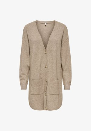 Beige gestrickte Strickjacke mit V-Ausschnitt, langen Ärmeln, zwei vorderen Taschen und fünf Knöpfen in der Mitte. Weiche Textur und entspannte Passform.