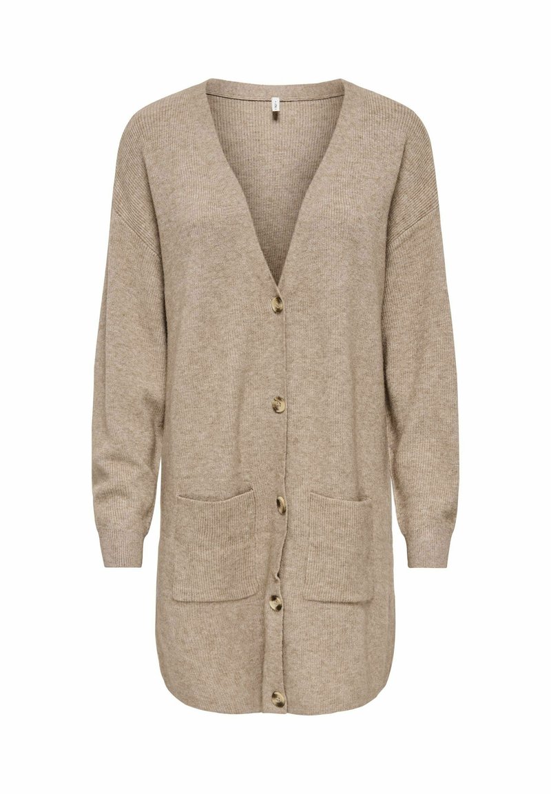 Cardigan beige en tricot avec un col en V, des manches longues, deux poches frontales et cinq boutons au centre. Texture douce et coupe décontractée.