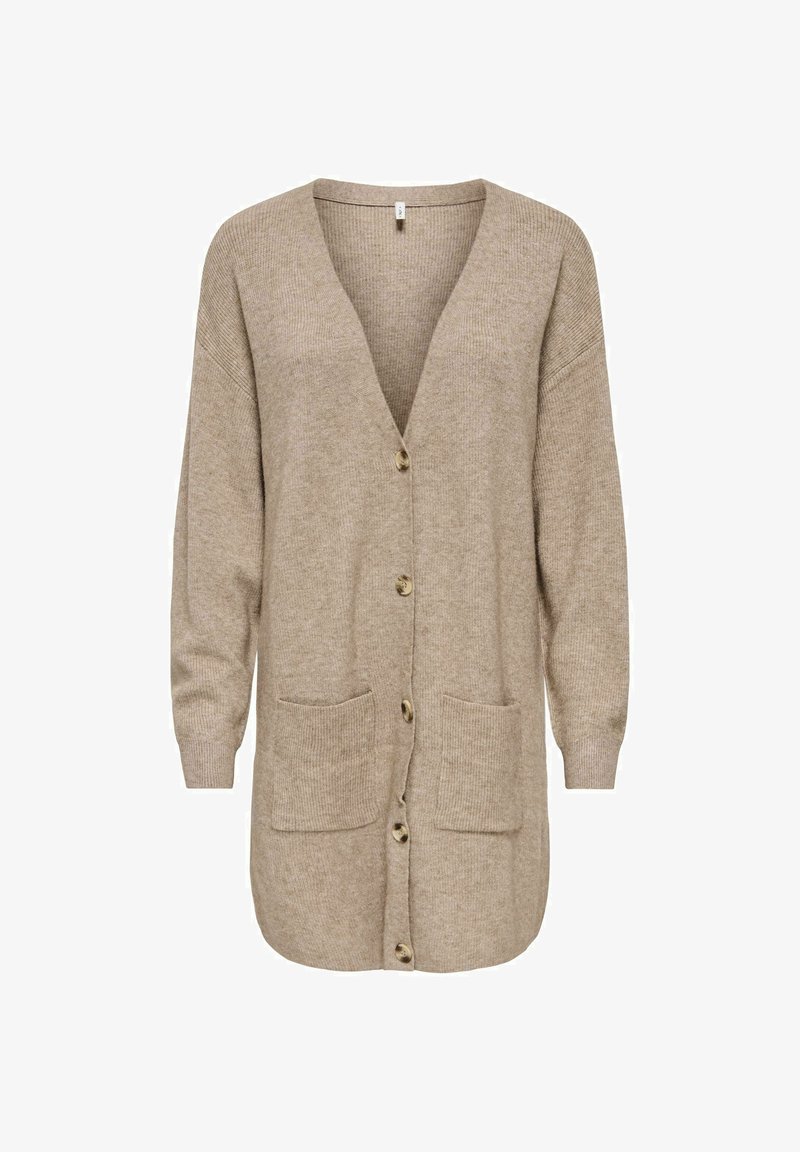 Cardigan beige en tricot avec un col en V, des manches longues, deux poches frontales et cinq boutons au centre. Texture douce et coupe décontractée.