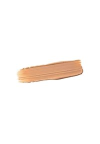 Fondotinta liquido in una tonalità beige cremoso, con una consistenza liscia e segni di pennello, su uno sfondo bianco.