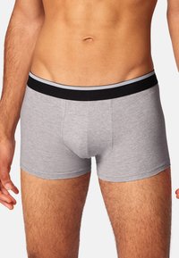 Boxer shorts in cotone grigio con un elastico nero, caratterizzati da una vestibilità aderente e una superficie liscia, progettati per comfort e supporto.