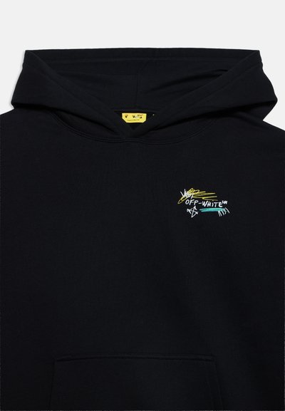 Sweat à capuche noir avec poche avant et petit logo coloré "Off-White" brodé sur la poitrine près de l'épaule.