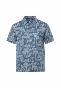 Kortärmad pikétröja i blått tyg med ett mönster av vita palmer, treknappsstängning och en strukturerad yta.