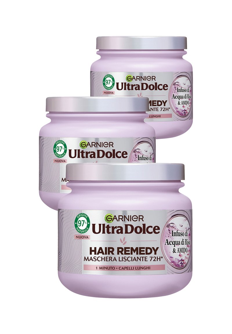 Garnier - ULTRA DOLCE INFUSO DI ACQUA DI RISO & AMIDO, MASCHERA LISCIANTE HAIR REMEDY, 97% ORIGINE NATURALE, 1 MINUTO DI POSA, CAPELLI LUNGHI, SENZA SILICONI, 340 ML - 3 PACK - Maschera per capelli, Ingrandire