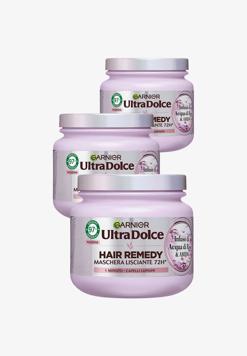 Garnier - ULTRA DOLCE INFUSO DI ACQUA DI RISO & AMIDO, MASCHERA LISCIANTE HAIR REMEDY, 97% ORIGINE NATURALE, 1 MINUTO DI POSA, CAPELLI LUNGHI, SENZA SILICONI, 340 ML - 3 PACK - Maschera per capelli, Ingrandire