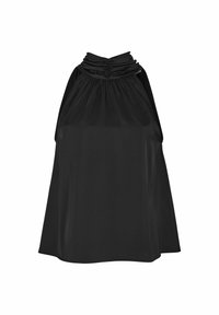 Top negru fără mâneci, dintr-un material neted, cu un decolteu pliat și o siluetă largă și fluida. Fără modele suplimentare sau broderii.