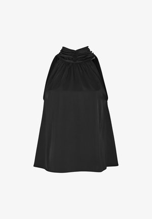 Top senza maniche nero realizzato in tessuto morbido, con scollatura arricciata e silhouette ampia e fluida. Nessun motivo o decorazione aggiuntiva.