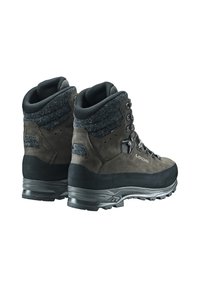 Stivali da trekking in pelle grigia scura con gambale in feltro nero texturizzato. Presentano occhielli in metallo, suola in gomma robusta e puntale rinforzato.
