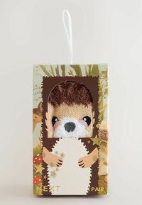 Stickad igelkott gosedjur i en genomskinlig låda. Bruna och beige färger med mjuk, texturerad päls och ett vitt ansikte. Dekorativt förpackningstema från skogen.