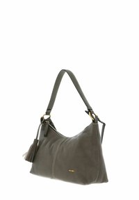 Leather shoulder bag in dark gray with a textured finish, gold hardware, adjustable strap, and a decorative tassel.