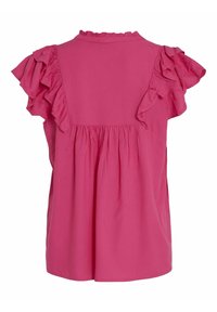 Rosa blus med volangärmar, rund halsringning och draperad bakdetalj. Tillverkad av ett mjukt tyg med en avslappnad passform.