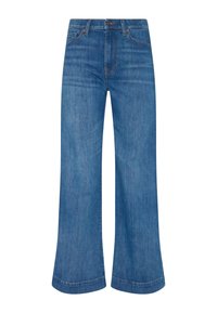Weite blaue Denim-Jeans mit hoher Taille, die über eine subtile Ausbleichung und kontrastierende Nähte verfügen. Der Saum ist gerade geschnitten.