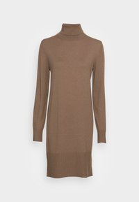 Abito a maglione marrone con collo alto, maniche lunghe, design aderente, polsini e orlo a coste, realizzato in un materiale morbido e texture.