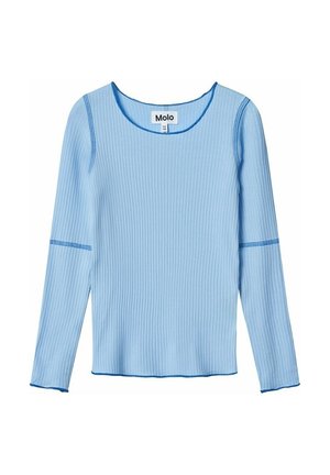 Hellblaues, geripptes Langarmshirt mit Rundhalsausschnitt und kontrastierenden Nähten an Ärmeln, Ausschnitt und Saum, mit dem Etikett "Molo", Größe 122/128.