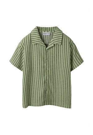 Chemise vert clair à manches courtes avec rayures verticales foncées, boutonnée sur le devant et col américain, posée à plat sur fond blanc.