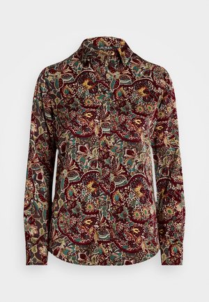 Camicetta con maniche lunghe e bottoni in un tessuto bordeaux a fantasia con motivi floreali e paisley, dotata di un colletto classico e orlo curvo.