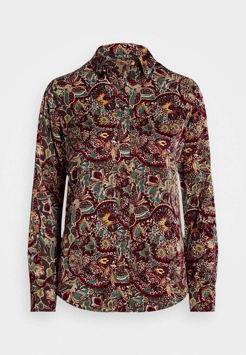Long-sleeve button-up shirt in a patterned burgundy fabric with floral and paisley designs, featuring a classic collar and curved hem.