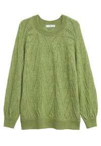 Grüner Strickpullover mit rundem Halsausschnitt, der eine rautenförmige Textur und lange Ärmel mit gerippten Bündchen und Saum aufweist.