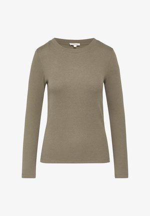 Olijfgroene lange mouwen geribbelde t-shirt met een ronde hals en een fitted ontwerp. Gladde textuur met een eenvoudige, effen kleur.