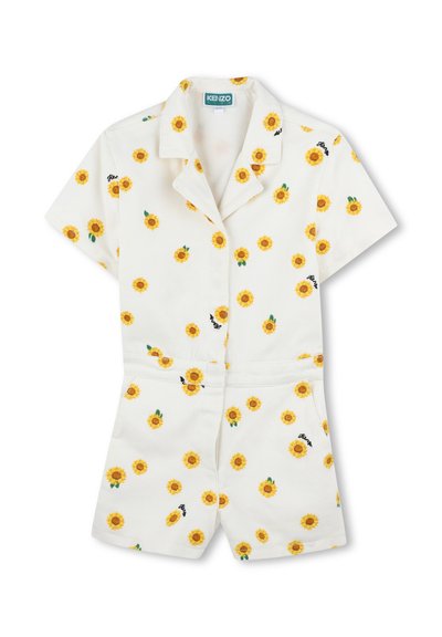 Combinaison blanche à manches courtes, ornée d'un motif de tournesols. Comprend un col, des poches et des détails brodés.