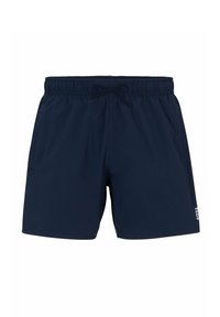 Marineblaue Badeshorts mit elastischem Bund und Kordelzug. Mit Seitentaschen und einem weißen Logo auf der unteren rechten Seite. Glatte Textur.