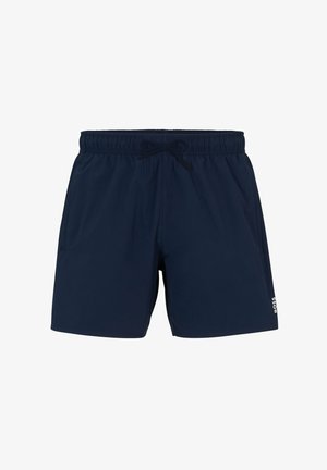 Shorts de bain navy avec une taille élastique et un cordon de serrage. Comprend des poches latérales et un logo blanc en bas à droite. Texture lisse.