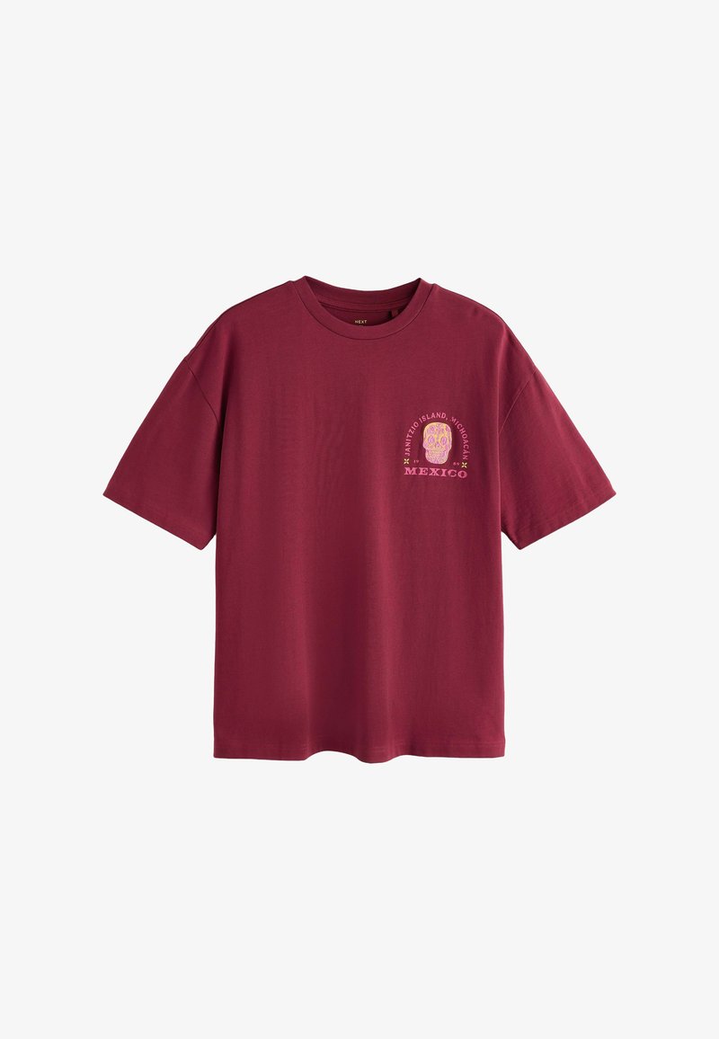 T-shirt bordeaux à manches courtes avec un petit motif de crâne coloré et le texte "Mexico" sur la partie gauche de la poitrine.