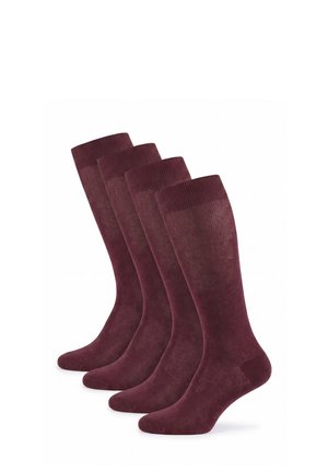 Vier Paar schlichte dunkelrote kniestrümpfe in einer Reihe auf weißem Hintergrund angeordnet.