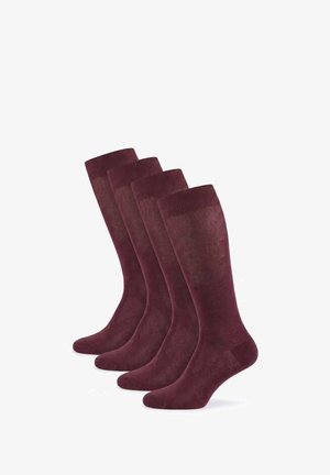 Vier Paar schlichte dunkelrote kniestrümpfe in einer Reihe auf weißem Hintergrund angeordnet.