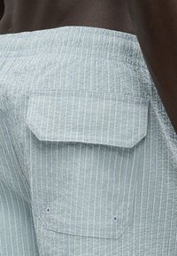 Κοντινή λήψη ελαφρώς πράσινων και λευκών ριγέ υφασμάτινων σορτς με τσέπη με καπάκι στο πίσω μέρος, φορεμένα από άτομο με σκούρο δέρμα.