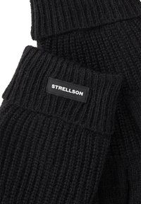 Czarne rękawiczki z prążkowanego dzianego materiału, z podwiniętym mankietem ozdobionym prostokątną etykietą marki Strellson z białym napisem na czarnym tle.