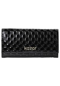 Črn patentiran usnjen denarnica z tkanim vzorcem, ki vsebuje zlat poudarjen logo "kazar". Pravokotne oblike z elegantnim dizajnom.