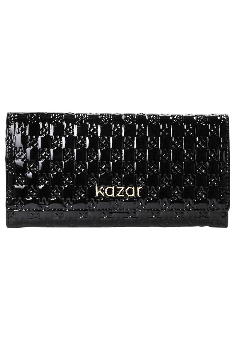 Črn patentiran usnjen denarnica z tkanim vzorcem, ki vsebuje zlat poudarjen logo "kazar". Pravokotne oblike z elegantnim dizajnom.