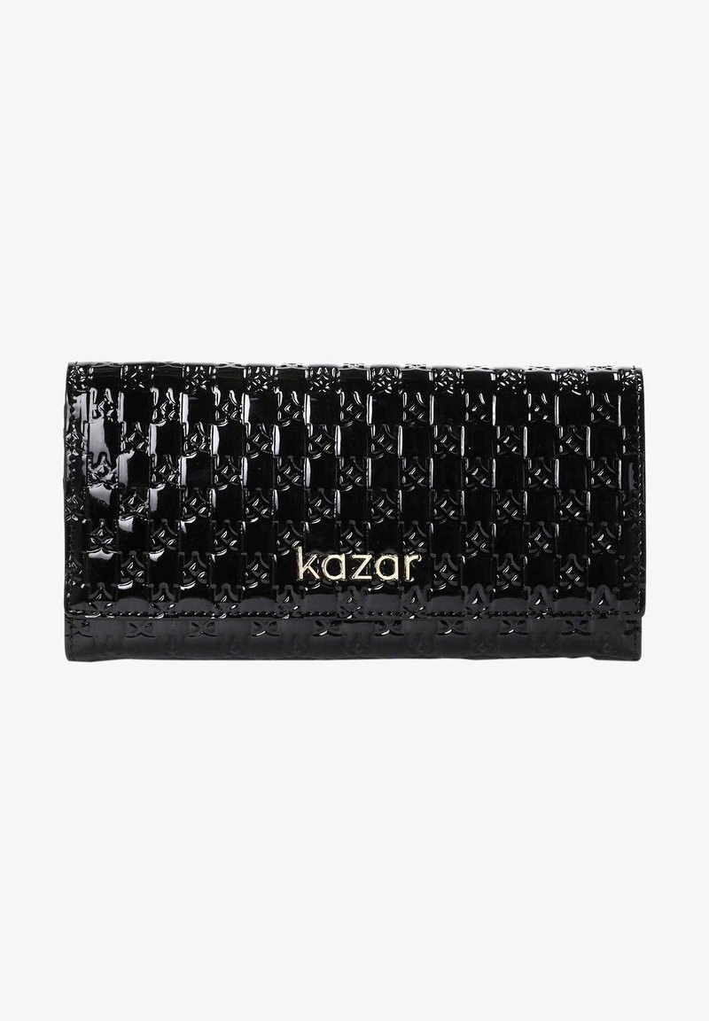 Zwarte lakleren portemonnee met geweven textuur, met een gouden "kazar" logotoets. Rechthoekige vorm met een strakke uitstraling.