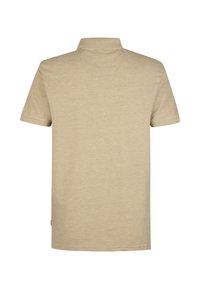 Korte mouwen polo in beige katoen, met een klassieke kraag en een subtiele structuur. Geen zichtbare patronen of metalen details.