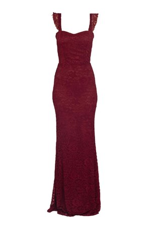 Abito di pizzo bordeaux con corpetto aderente, spalline regolabili e silhouette lunga fino al pavimento con motivi floreali.