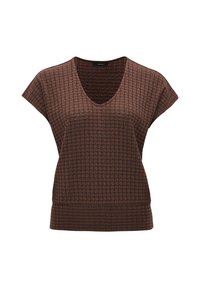 Top marrone con texture, scollatura a V e maniche a cappuccio. Presenta un motivo geometrico e una vita aderente per una silhouette strutturata.