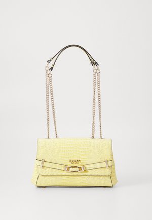 Yellow faux crocodile leather handbag with a gold chain strap and metal accents. Rectangular shape with a flap closure and embossed logo.