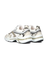 White and beige sneakers with textured, snakeskin-patterned accents. Mesh fabric design, padded collar, and thick rubber sole for support.
