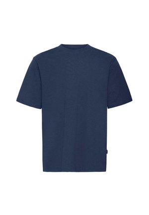 Marineblaues T-Shirt mit kurzen Ärmeln aus Baumwolle. Verfügt über einen Rundhalsausschnitt und eine gerade Passform. Keine sichtbaren Muster oder Hardware-Details.