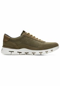 Olive green sneaker with suede and leather accents, featuring beige laces, perforated design on the side, and a white cushioned sole.