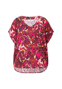 Blusa a maniche corte con scollo a V in un vivace motivo floreale rosa, rosso e arancione su tessuto leggero. Vestibilità ampia con orlo arrotondato.