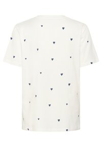 T-shirt blanc à manches courtes présentant un motif de petits cœurs navy dispersés sur le tissu. Matière en coton doux avec une coupe décontractée.