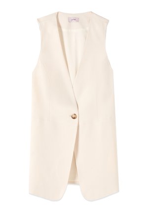 Ärmellose creme-beige Blazer-Weste mit einem braunen Knopf und V-Ausschnitt, dargestellt auf weißem Hintergrund.