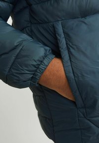 Tamnozelena puffer jakna s glatkom, sjajnom vanjštinom, elastičnim manžetama i bočnim džepovima. Tkanina izgleda kao da je izolirana i ima kviltani uzorak.