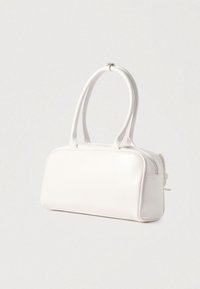 White leather handbag with a rectangular shape, smooth texture, dual handles, and a zipper closure, featuring subtle stitching details.
