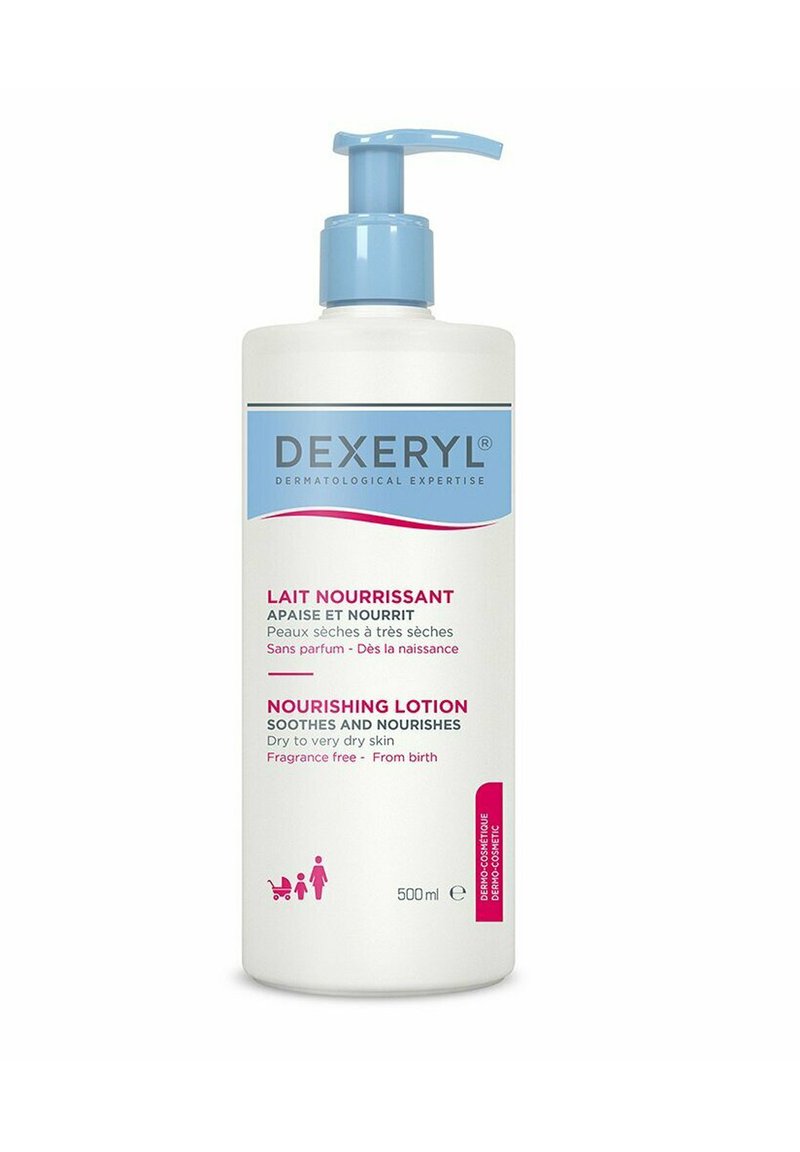 Weiße Plastikflasche mit einem blauen Pumpdeckel. Das Etikett weist auf "Dexeryl Nourishing Lotion" hin, 500 ml, für trockene Haut, duftstofffrei, dermatologische Expertise.