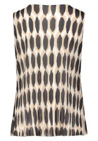 Haut sans manches en tissu léger avec une texture plissée. Motif de formes noires et beige sur fond blanc.